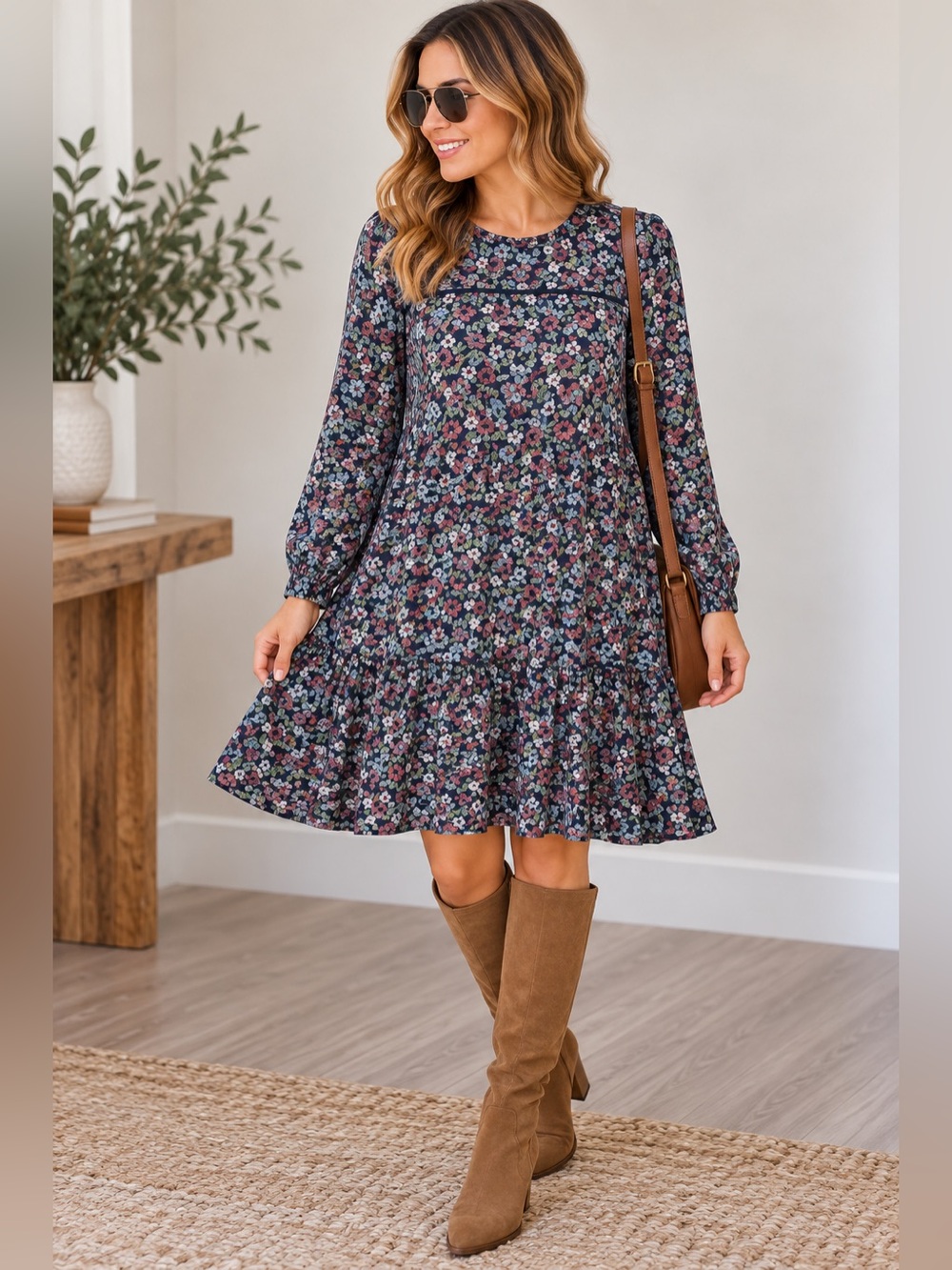 Knox Rose Large Navy Floral Long Sleeve A-Line Ruffle Mini Dress